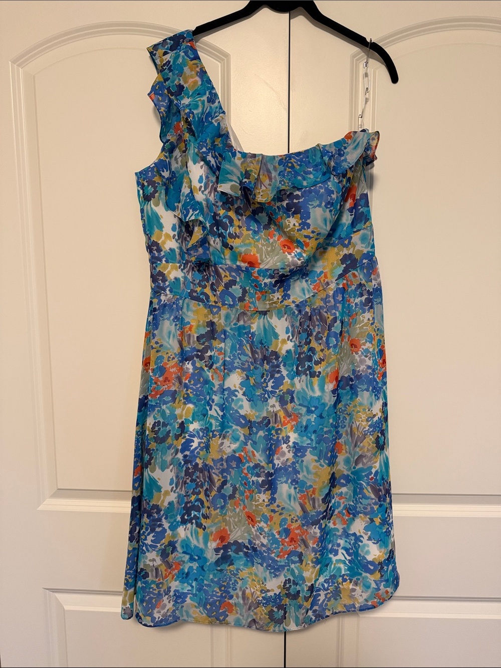 Tahari One-Shoulder Blue Floral Ruffle Dress